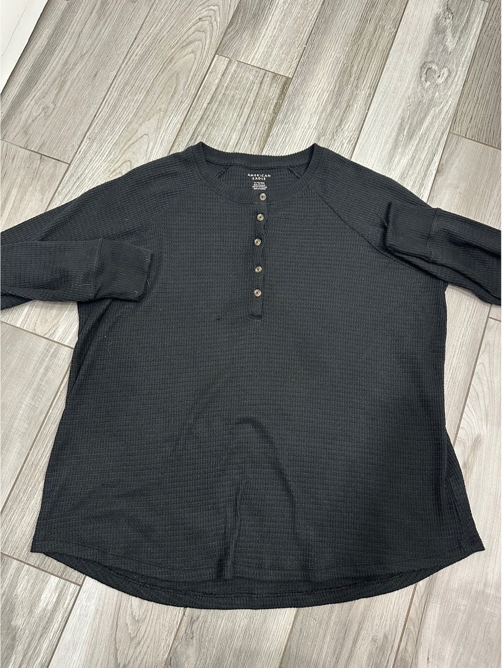 American Eagle Black Waffle Knit Henley Long Sleeve Shirt XL